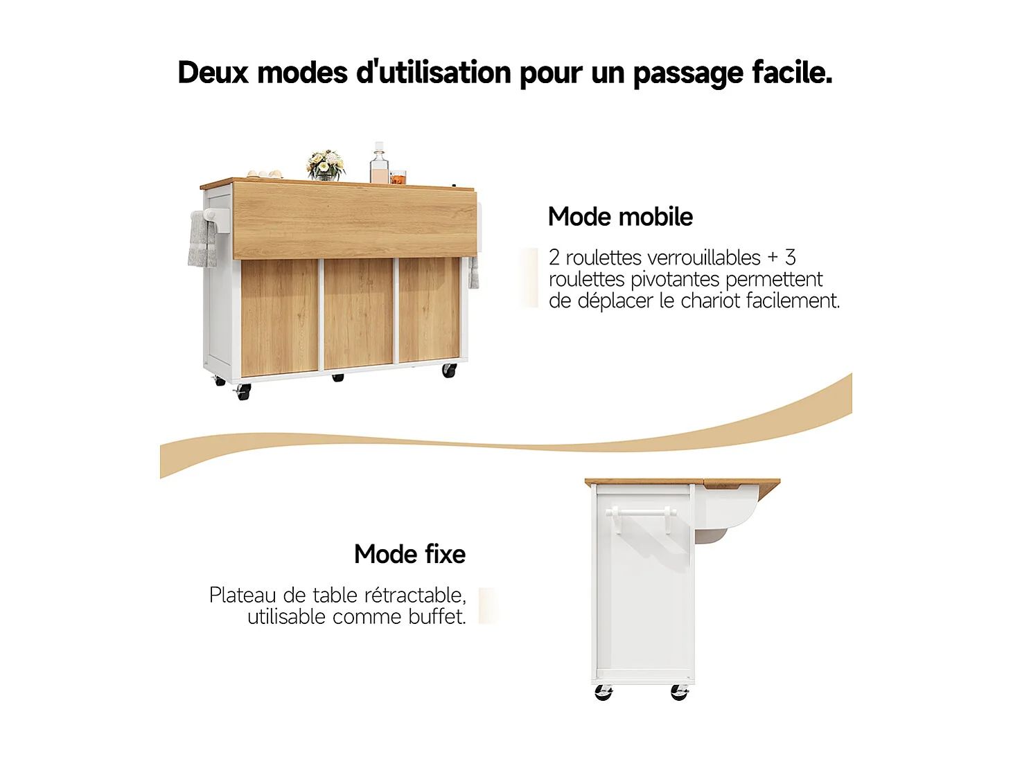 Buffet de cuisine îlot de cuisine chariot cuisine coulissant roulettes porte-serviettes étagère épices tablettes réglables 2 portes 4 tiroirs blanc