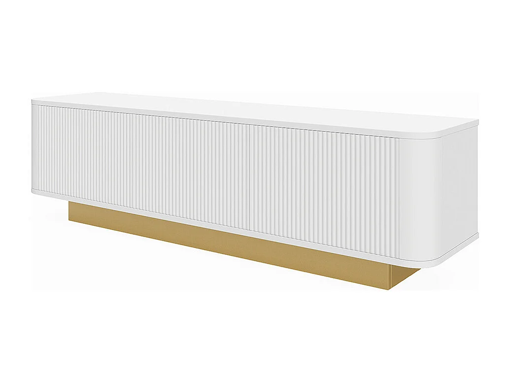 Meuble TV bas espace rangement design arrondi gestion câbles façade texturée blanc MDF salon