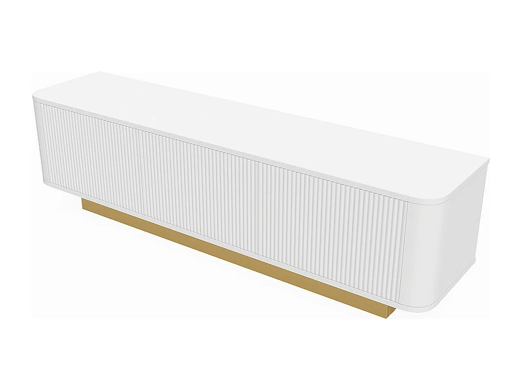 Meuble TV bas espace rangement design arrondi gestion câbles façade texturée blanc MDF salon