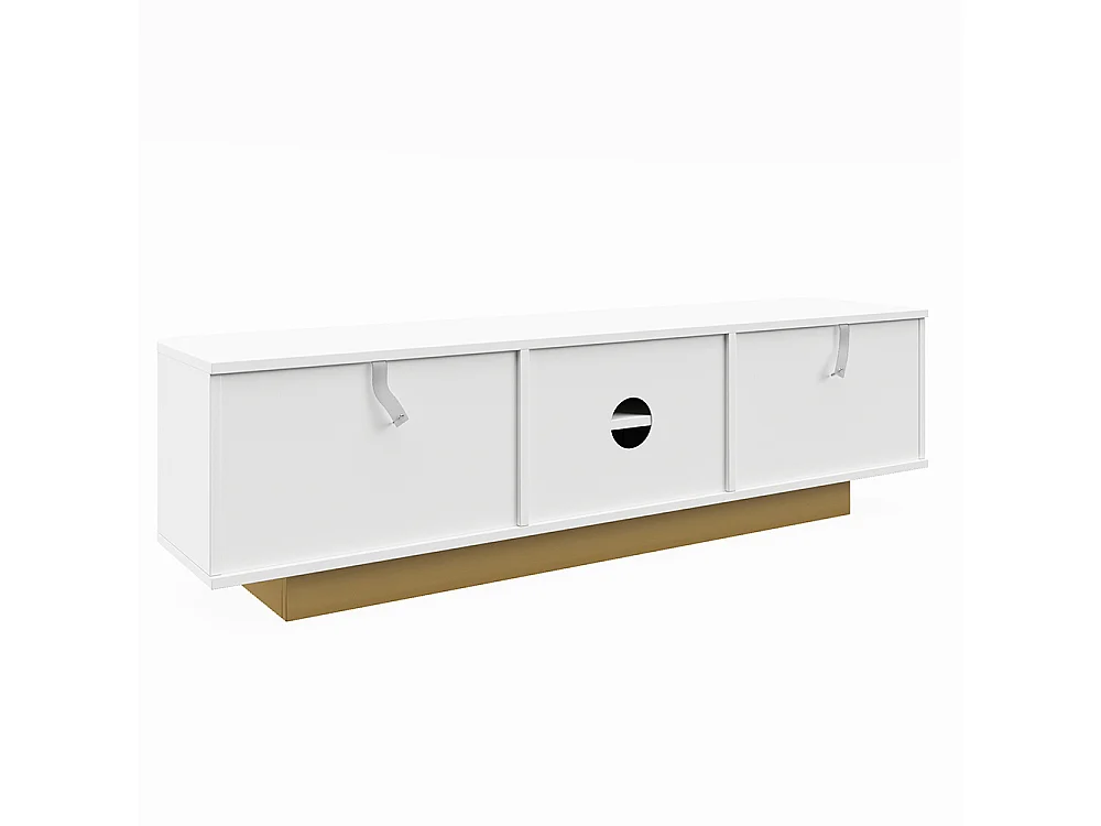 Meuble TV bas espace rangement design arrondi gestion câbles façade texturée blanc MDF salon