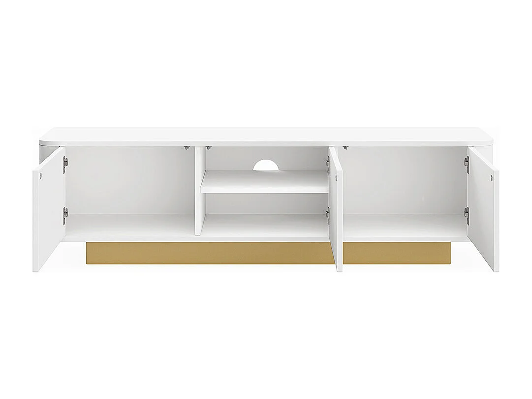 Meuble TV bas espace rangement design arrondi gestion câbles façade texturée blanc MDF salon