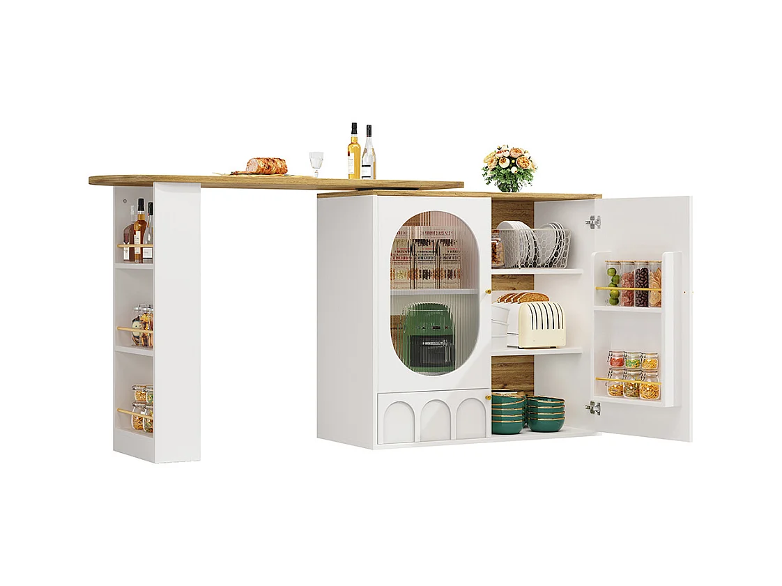 Buffet de cuisine table de bar pivotante 360° meuble bar comptoir pivotant espace rangement 3 portes étagères cloisons amovibles blanc