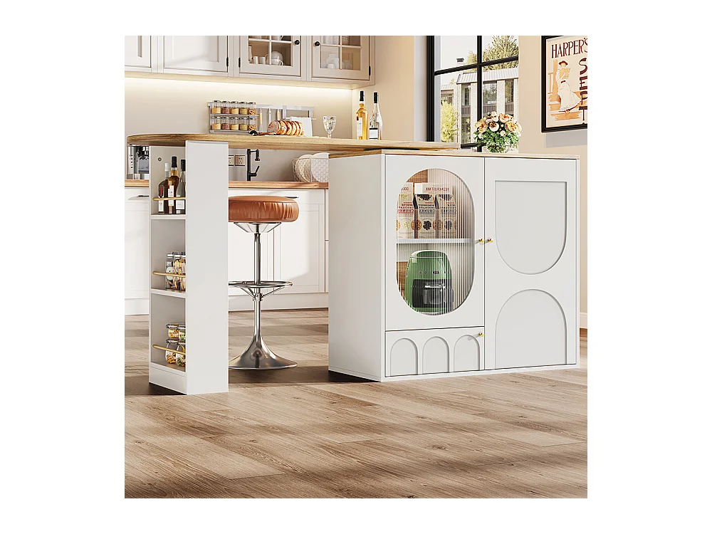 Buffet de cuisine table de bar pivotante 360° meuble bar comptoir pivotant espace rangement 3 portes étagères cloisons amovibles blanc