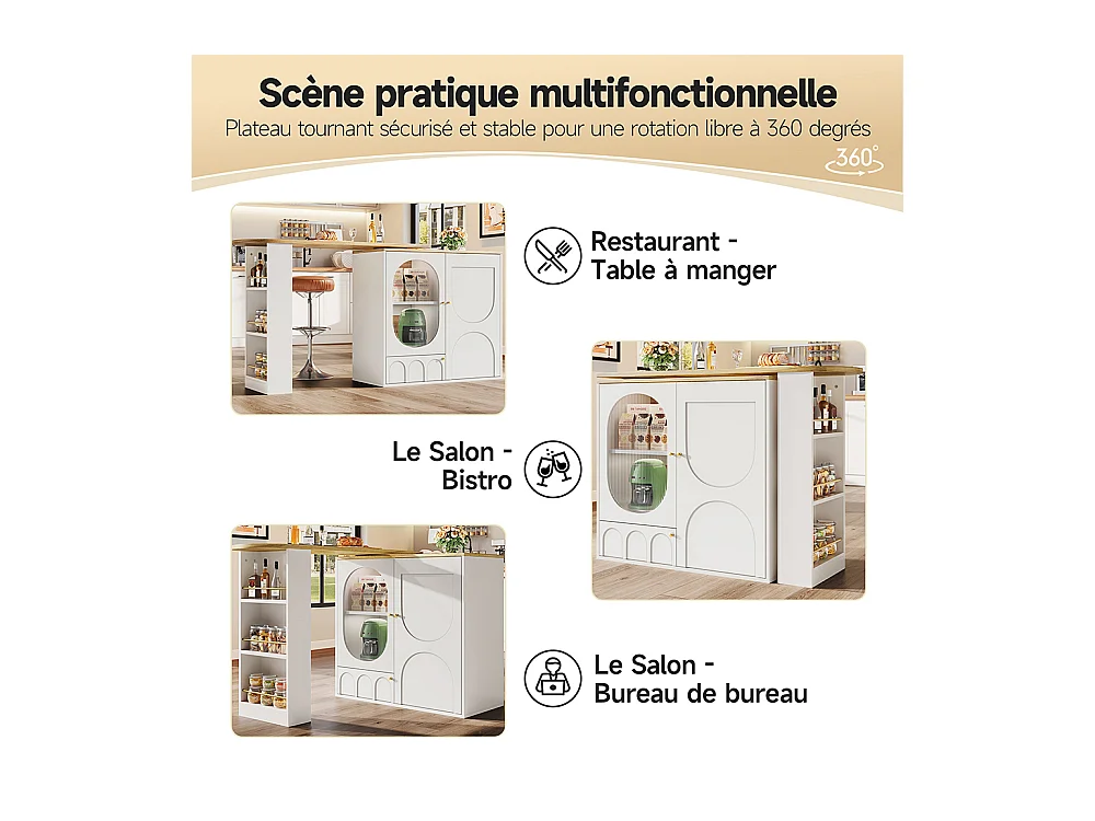 Buffet de cuisine table de bar pivotante 360° meuble bar comptoir pivotant espace rangement 3 portes étagères cloisons amovibles blanc