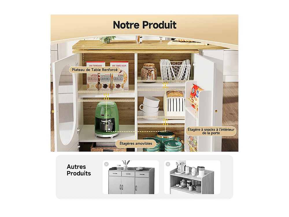 Buffet de cuisine table de bar pivotante 360° meuble bar comptoir pivotant espace rangement 3 portes étagères cloisons amovibles blanc