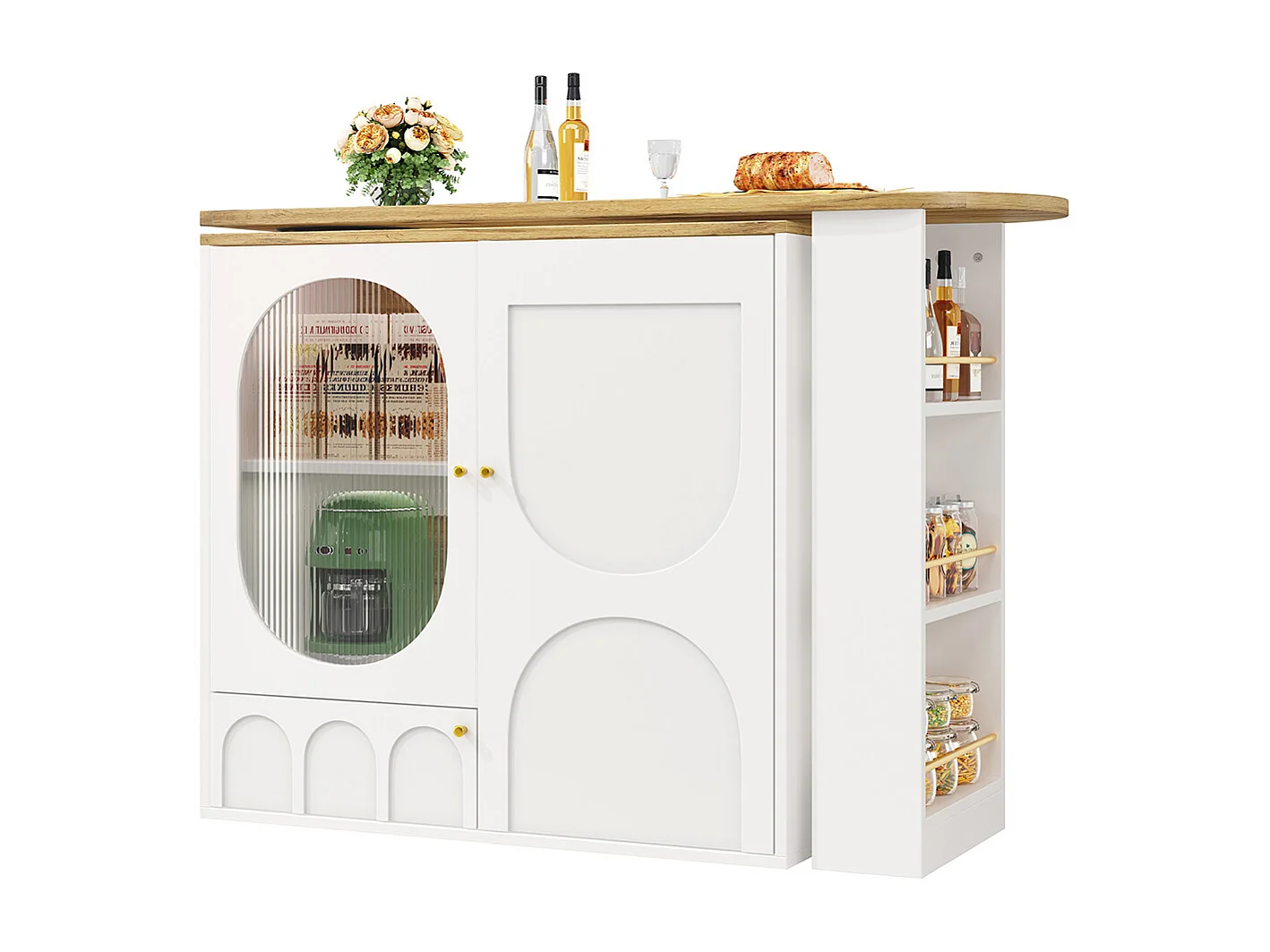 Buffet de cuisine table de bar pivotante 360° meuble bar comptoir pivotant espace rangement 3 portes étagères cloisons amovibles blanc