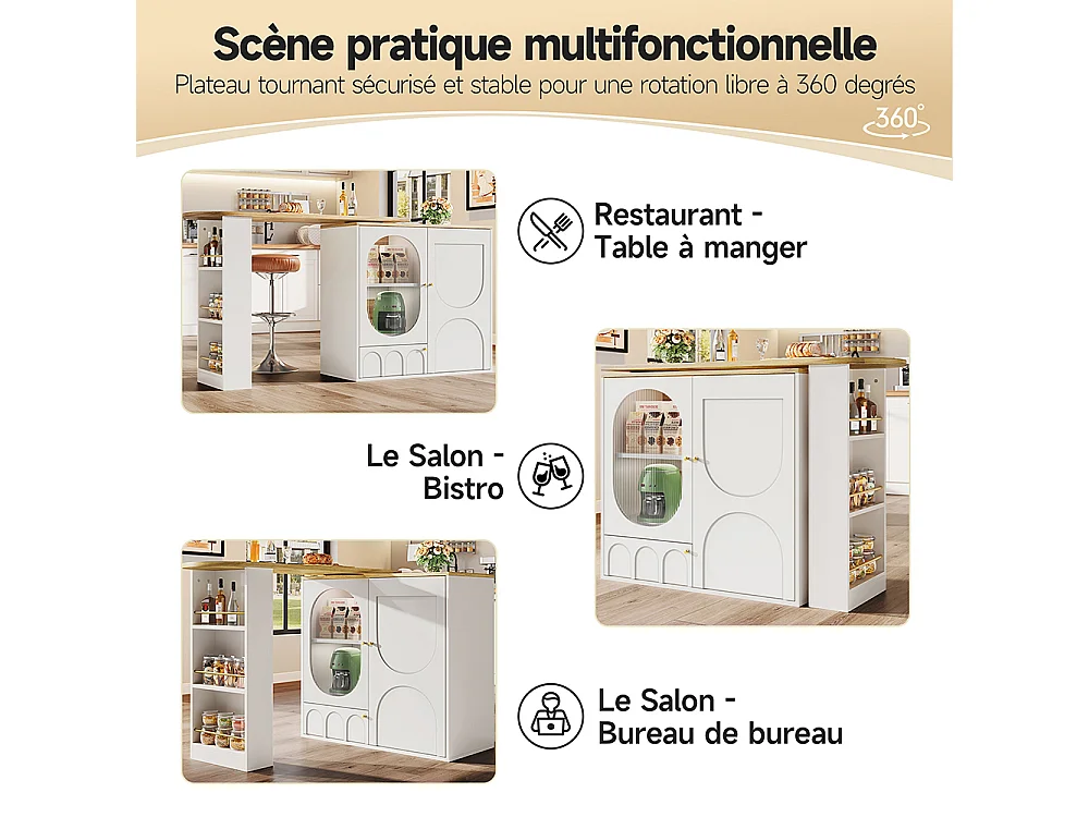 Buffet de cuisine table de bar pivotante 360° meuble bar comptoir pivotant espace rangement 3 portes étagères cloisons amovibles blanc