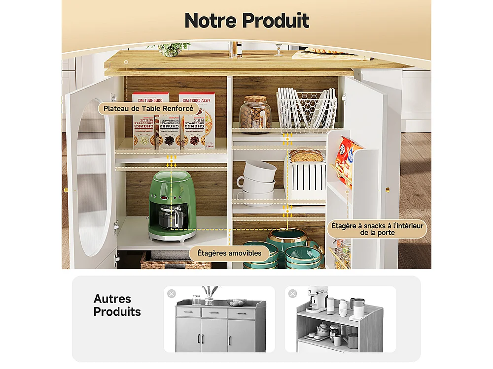 Buffet de cuisine table de bar pivotante 360° meuble bar comptoir pivotant espace rangement 3 portes étagères cloisons amovibles blanc
