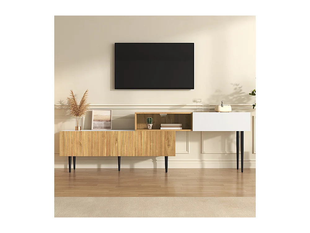 Meuble TV moderne longueur réglable modulaire 2 parties aspect bois blanc mat pieds métal noir multifonction