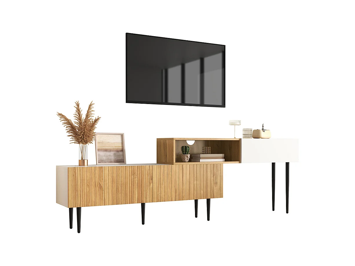 Meuble TV moderne longueur réglable modulaire 2 parties aspect bois blanc mat pieds métal noir multifonction