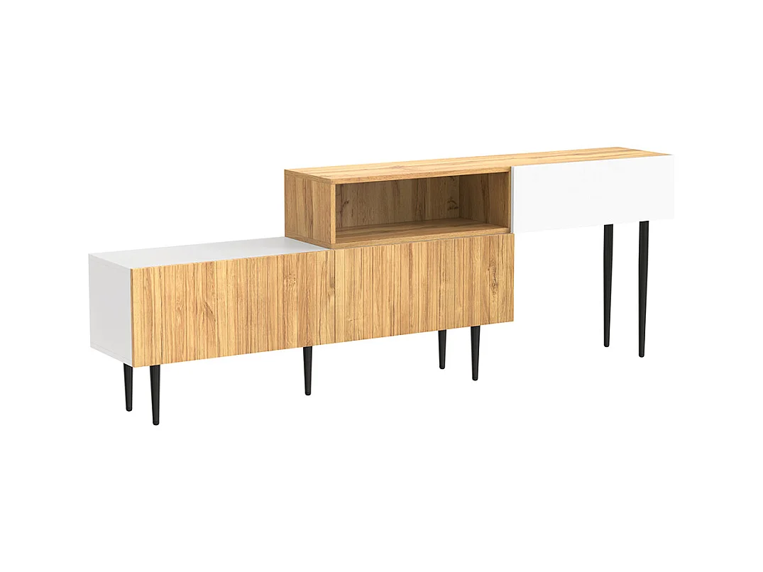 Meuble TV moderne longueur réglable modulaire 2 parties aspect bois blanc mat pieds métal noir multifonction