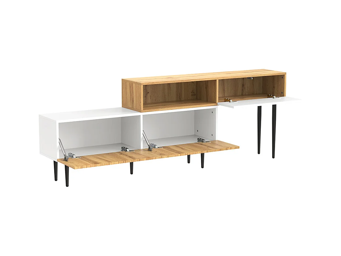 Meuble TV moderne longueur réglable modulaire 2 parties aspect bois blanc mat pieds métal noir multifonction