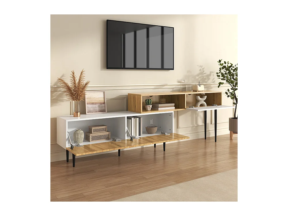 Meuble TV moderne longueur réglable modulaire 2 parties aspect bois blanc mat pieds métal noir multifonction
