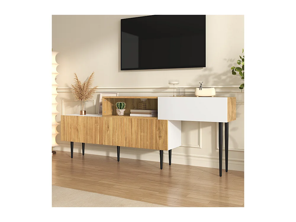 Meuble TV moderne longueur réglable modulaire 2 parties aspect bois blanc mat pieds métal noir multifonction