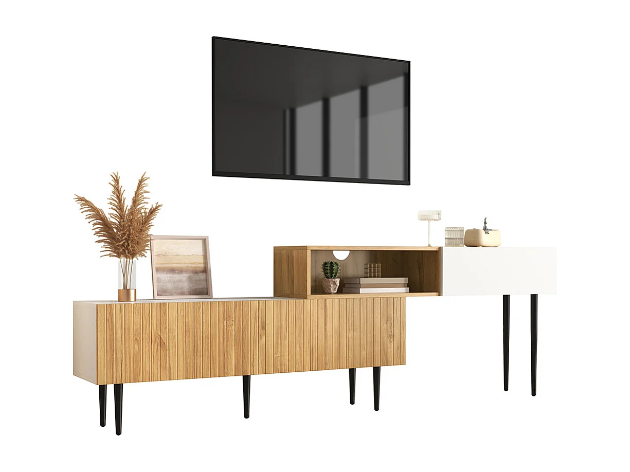 Meuble TV moderne longueur réglable modulaire 2 parties aspect bois blanc mat pieds métal noir multifonction