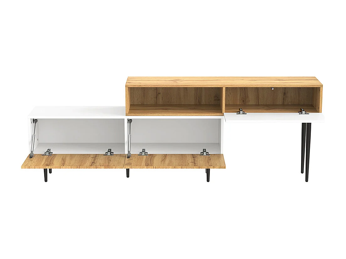 Meuble TV moderne longueur réglable modulaire 2 parties aspect bois blanc mat pieds métal noir multifonction