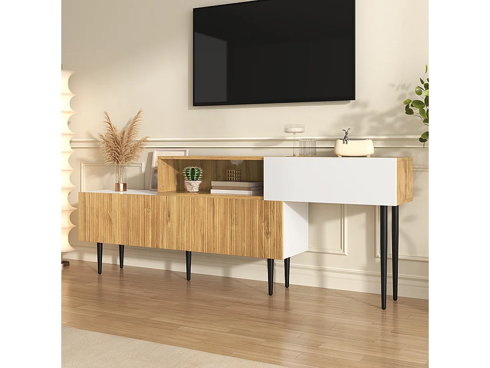 Meuble TV moderne longueur réglable modulaire 2 parties aspect bois blanc mat pieds métal noir multifonction