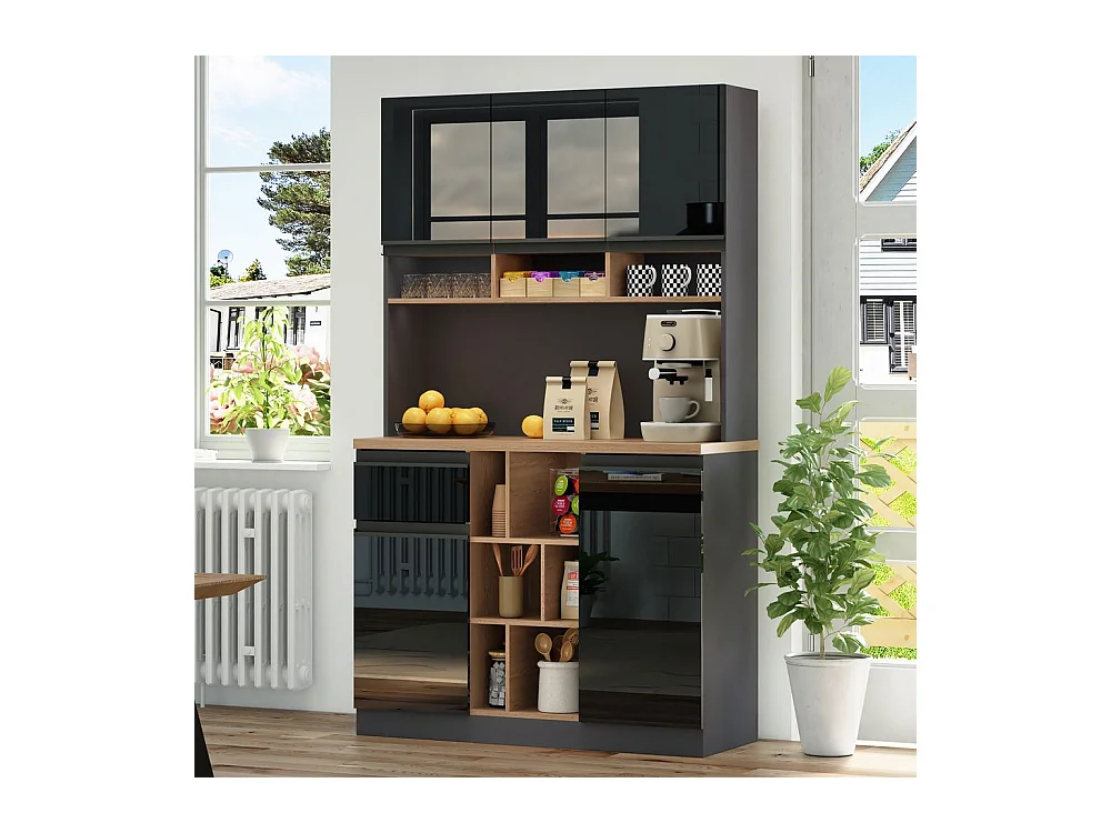 Buffet de cuisine moderne gris noir sideboard poignées métal étagères réglables tiroirs espace rangement ouvert accessoires antibasculement