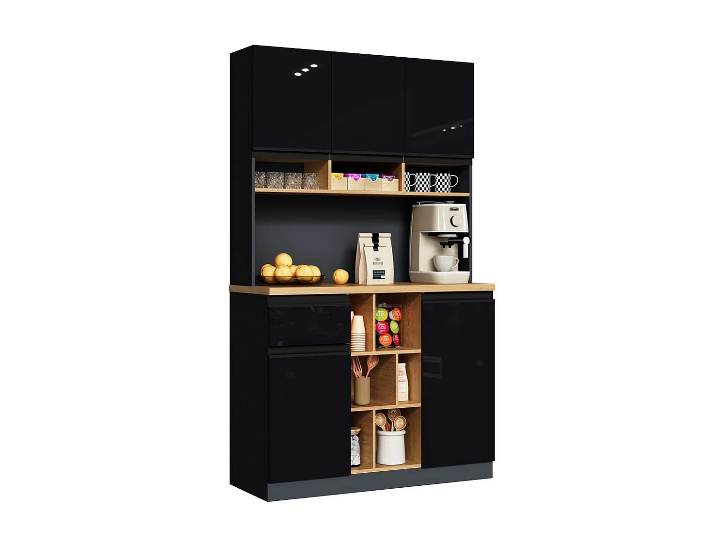 Buffet de cuisine moderne gris noir sideboard poignées métal étagères réglables tiroirs espace rangement ouvert accessoires antibasculement