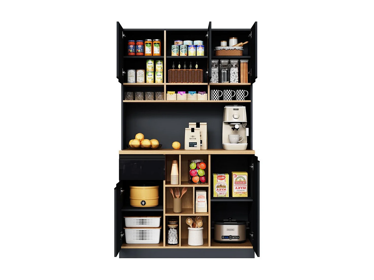 Buffet de cuisine moderne gris noir sideboard poignées métal étagères réglables tiroirs espace rangement ouvert accessoires antibasculement