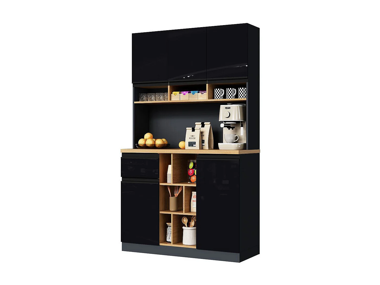 Buffet de cuisine moderne gris noir sideboard poignées métal étagères réglables tiroirs espace rangement ouvert accessoires antibasculement