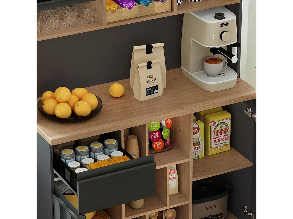 Buffet de cuisine moderne gris noir sideboard poignées métal étagères réglables tiroirs espace rangement ouvert accessoires antibasculement