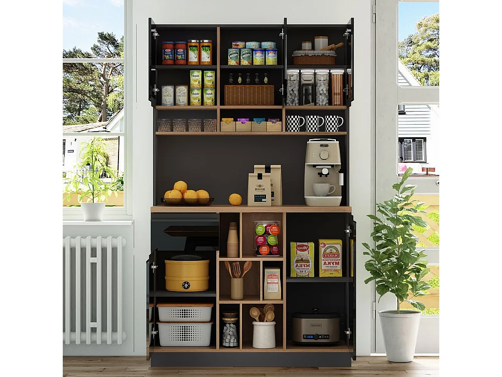 Buffet de cuisine moderne gris noir sideboard poignées métal étagères réglables tiroirs espace rangement ouvert accessoires antibasculement