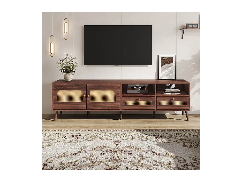 Meuble TV 200x37x49 cm marron 80 pouces rotin 2 portes 2 tiroirs 8 pieds