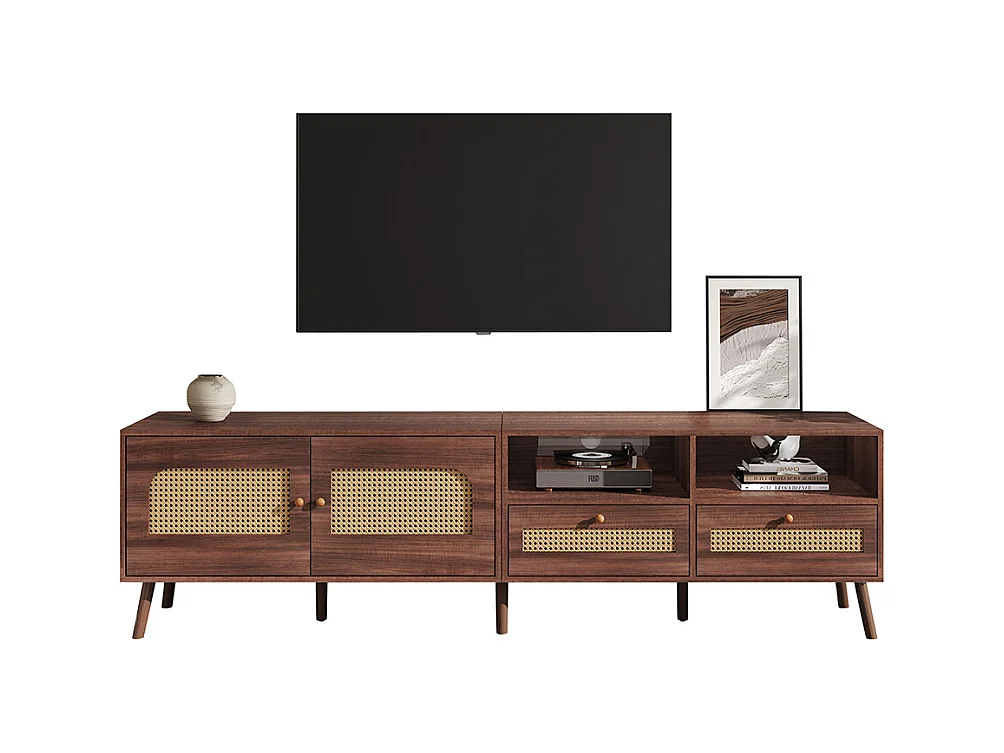 Meuble TV 200x37x49 cm marron 80 pouces rotin 2 portes 2 tiroirs 8 pieds