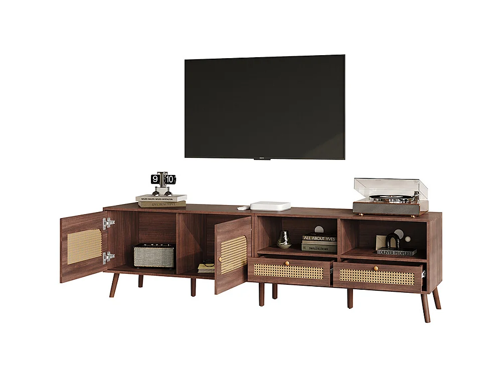 Meuble TV 200x37x49 cm marron 80 pouces rotin 2 portes 2 tiroirs 8 pieds