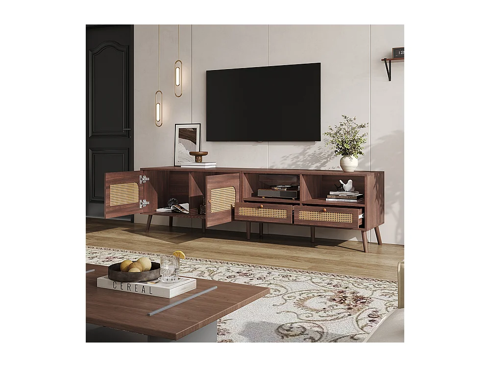 Meuble TV 200x37x49 cm marron 80 pouces rotin 2 portes 2 tiroirs 8 pieds