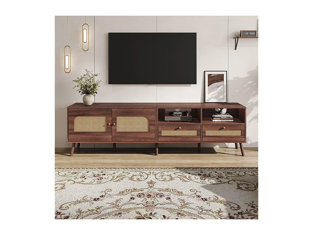 Meuble TV 200x37x49 cm marron 80 pouces rotin 2 portes 2 tiroirs 8 pieds