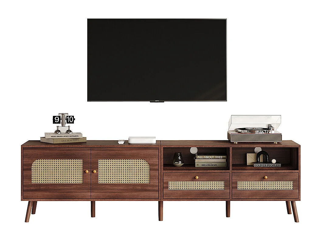 TV-meubel 200x37x49 cm bruin rotan 80 inch 2 deuren 2 lades 8 poten