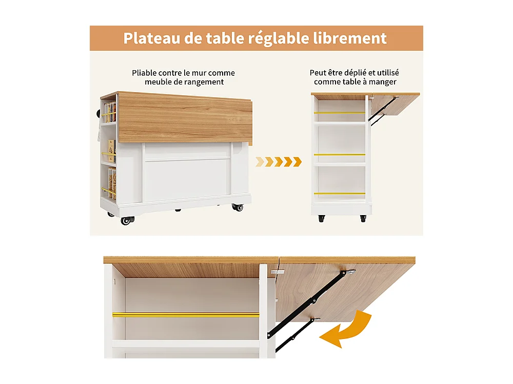 Buffet de cuisine moderne desserte veinures bois table à manger multifonctionnelle espace rangement desserte armoires extensibles blanc