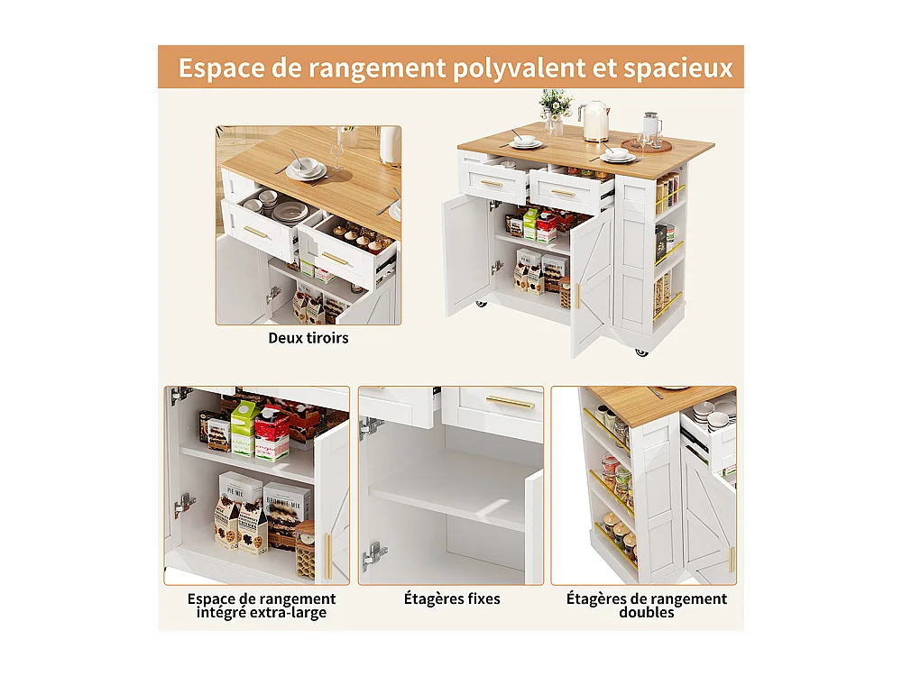 Buffet de cuisine moderne desserte veinures bois table à manger multifonctionnelle espace rangement desserte armoires extensibles blanc
