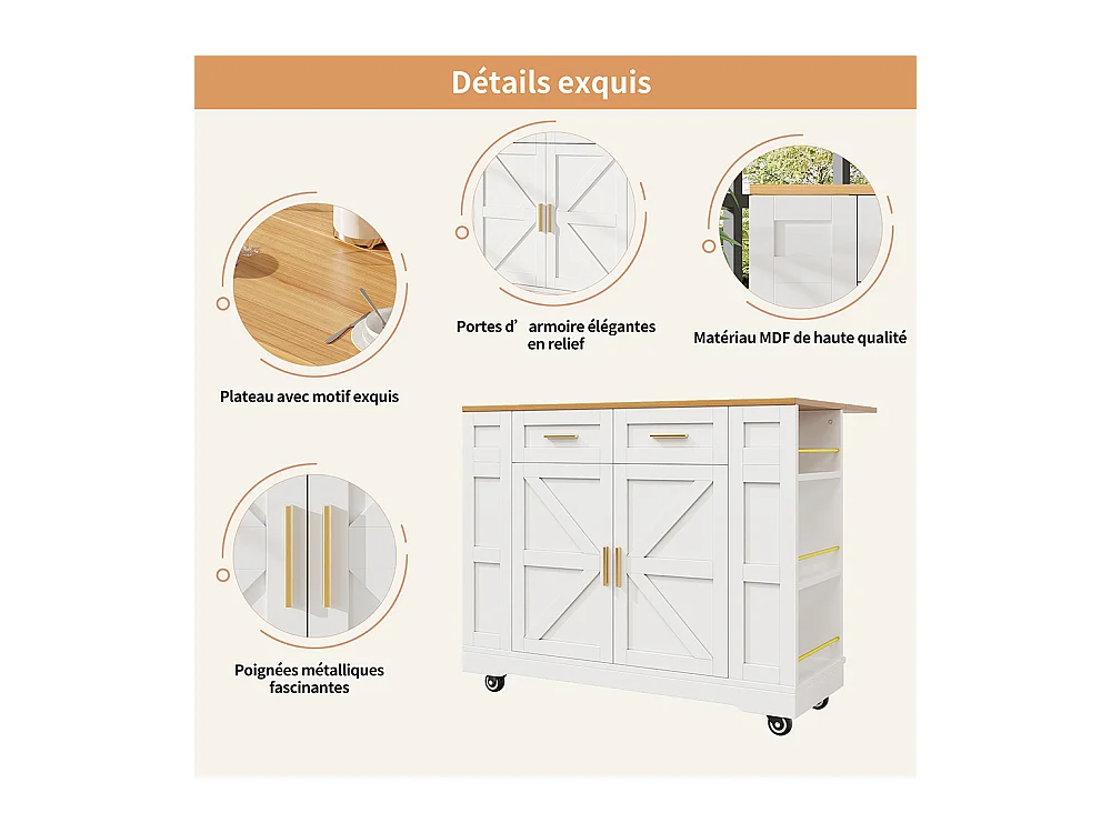 Buffet de cuisine moderne desserte veinures bois table à manger multifonctionnelle espace rangement desserte armoires extensibles blanc