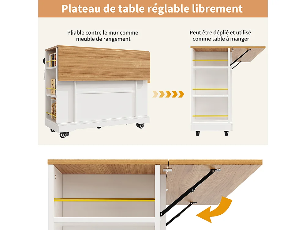 Buffet de cuisine moderne desserte veinures bois table à manger multifonctionnelle espace rangement desserte armoires extensibles blanc