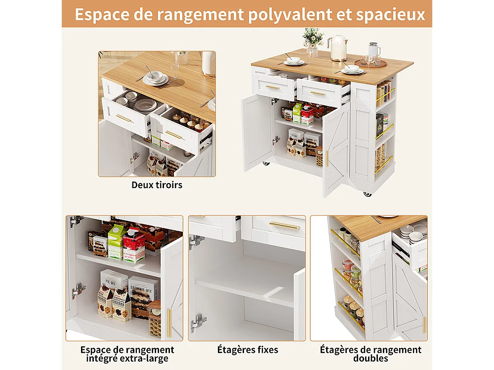 Buffet de cuisine moderne desserte veinures bois table à manger multifonctionnelle espace rangement desserte armoires extensibles blanc