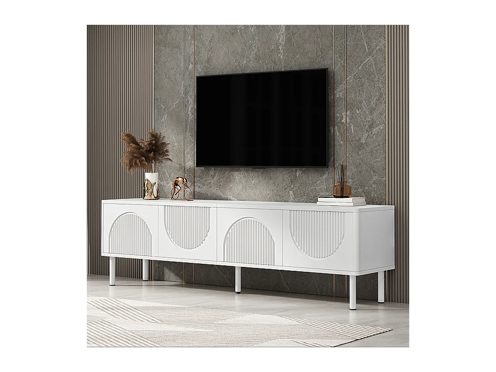 Meuble TV bas espace rangement surface mate gestion câbles design minimaliste salon chambre couloir