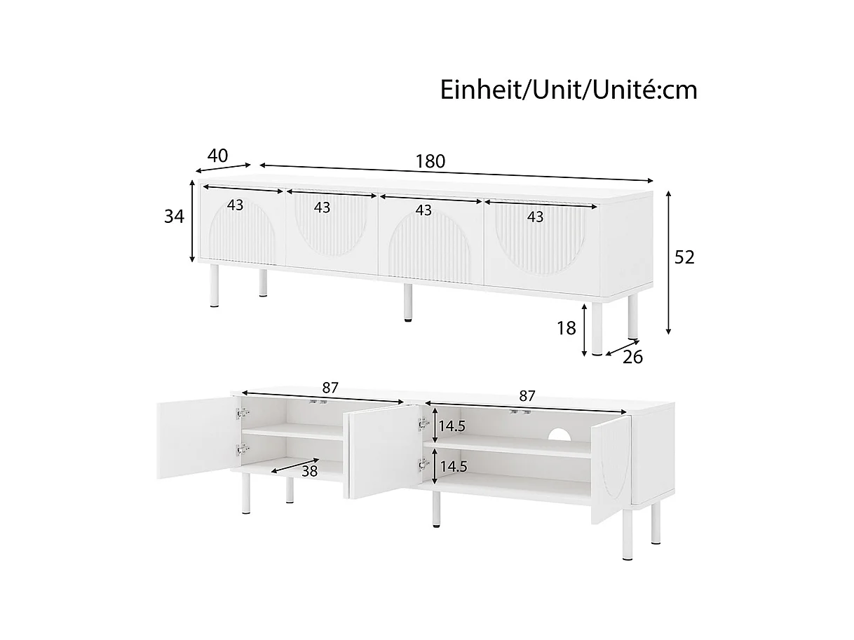 Meuble TV bas espace rangement surface mate gestion câbles design minimaliste salon chambre couloir