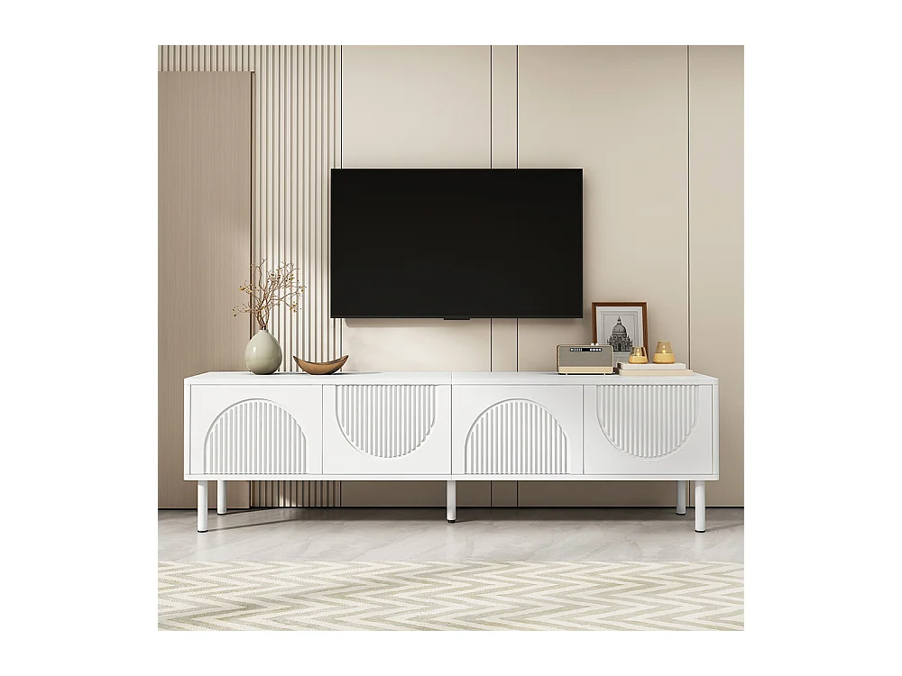 Meuble TV bas espace rangement surface mate gestion câbles design minimaliste salon chambre couloir