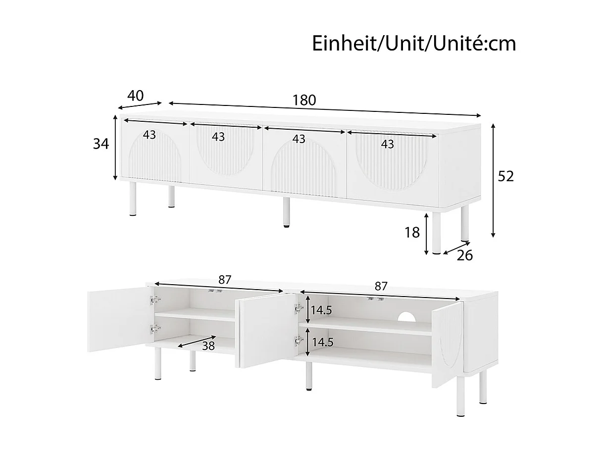 Meuble TV bas espace rangement surface mate gestion câbles design minimaliste salon chambre couloir