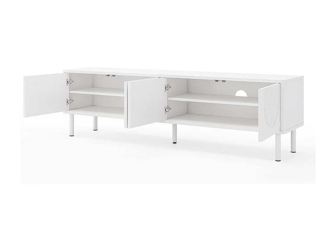 Meuble TV bas espace rangement surface mate gestion câbles design minimaliste salon chambre couloir