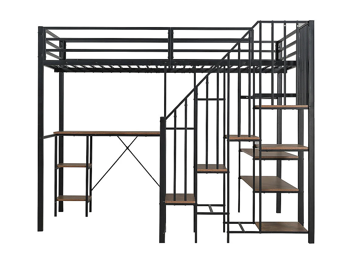 Lit mezzanine 120x200 fer enfant adolescent échelle rangement table étagère armoire noir bois vintage