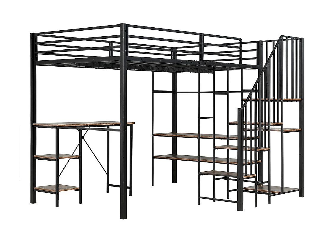 Lit mezzanine 120x200 fer enfant adolescent échelle rangement table étagère armoire noir bois vintage