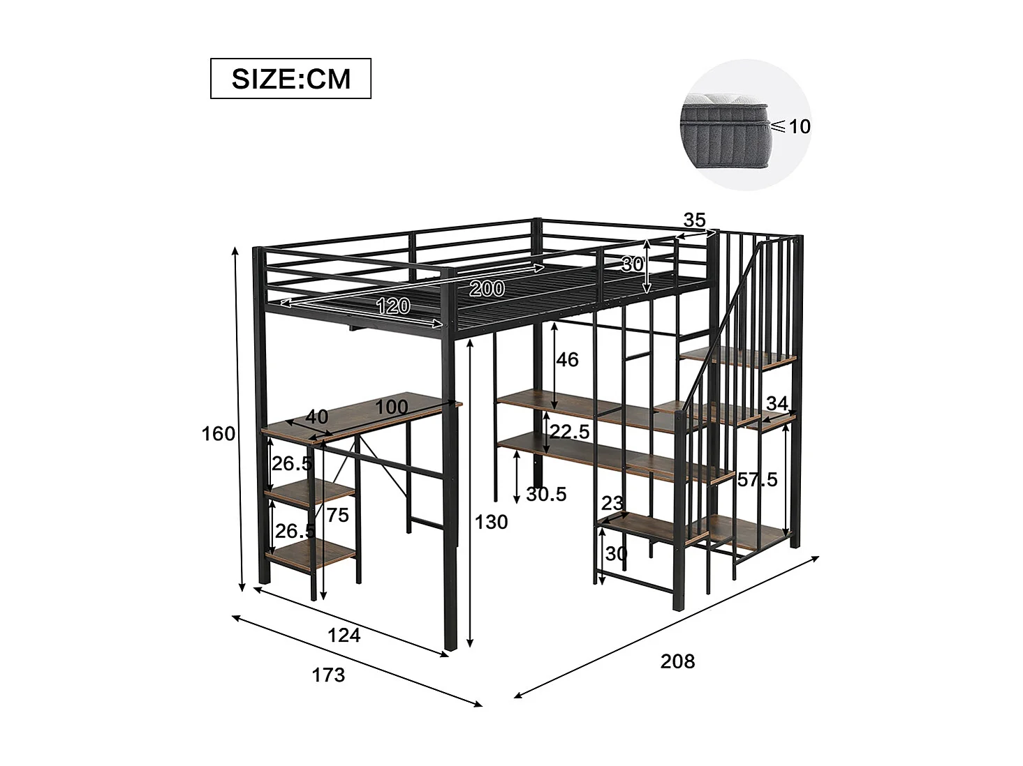 Lit mezzanine 120x200 fer enfant adolescent échelle rangement table étagère armoire noir bois vintage