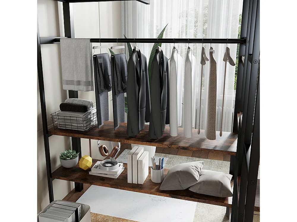 Lit mezzanine 120x200 fer enfant adolescent échelle rangement table étagère armoire noir bois vintage