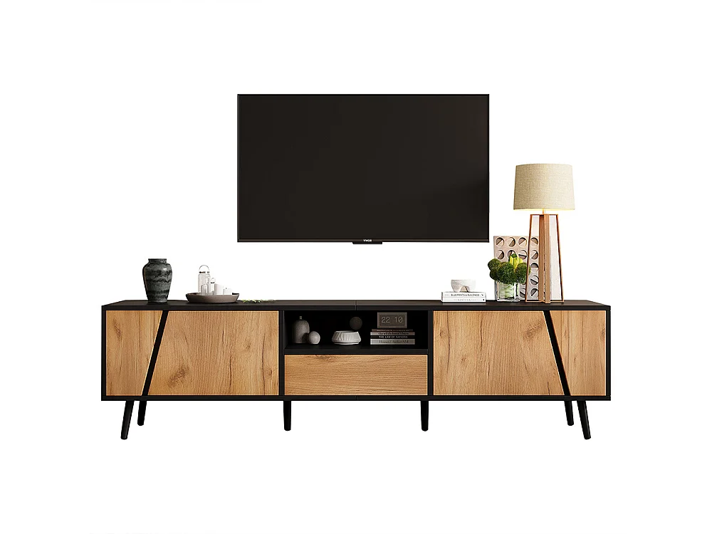 TV-meubel 180x40x46 cm 2 ladeskasten 6 poten massief hout minimalistisch 75 inch