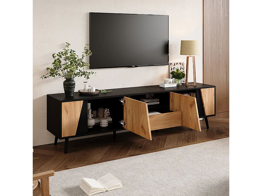 TV-meubel 180x40x46 cm 2 ladeskasten 6 poten massief hout minimalistisch 75 inch