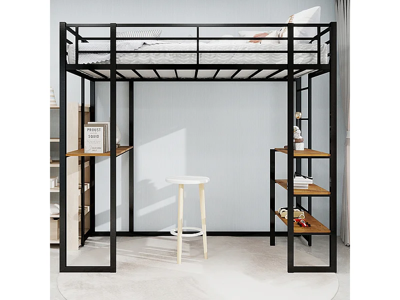 Lit mezzanine 90x190 avec lit table enfants adolescents bureau L garde-corps escalier accès deux côtés noir